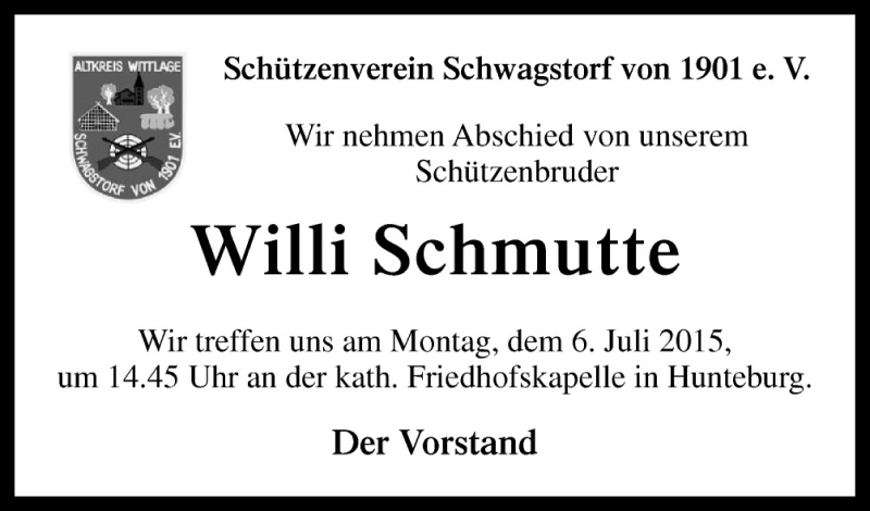  Traueranzeige für Willi Schmutte vom 03.07.2015 aus Neue Osnabrücker Zeitung GmbH & Co. KG