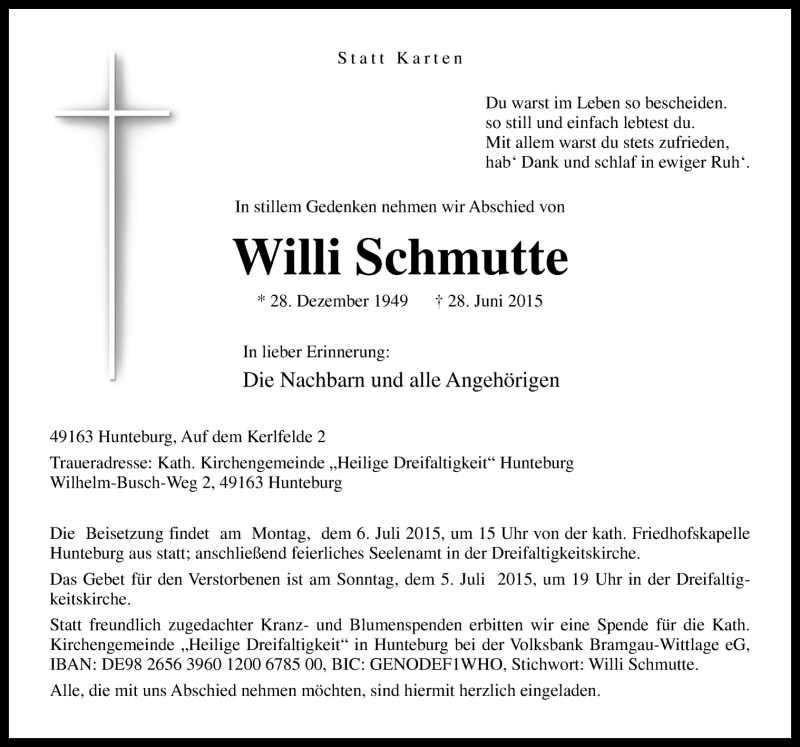  Traueranzeige für Willi Schmutte vom 02.07.2015 aus Neue Osnabrücker Zeitung GmbH & Co. KG