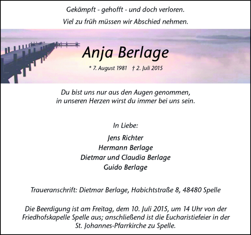  Traueranzeige für Anja Berlage vom 04.07.2015 aus Neue Osnabrücker Zeitung GmbH & Co. KG