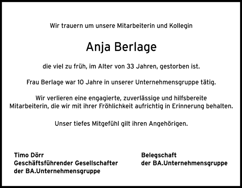  Traueranzeige für Anja Berlage vom 10.07.2015 aus Neue Osnabrücker Zeitung GmbH & Co. KG