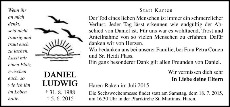  Traueranzeige für Daniel Ludwig vom 14.07.2015 aus Neue Osnabrücker Zeitung GmbH & Co. KG