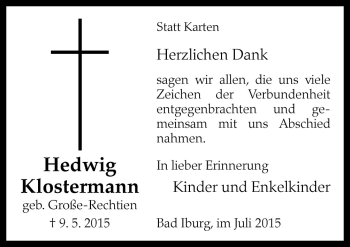 Traueranzeige von Hedwig Klostermann von Neue Osnabrücker Zeitung GmbH & Co. KG