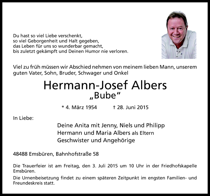  Traueranzeige für Hermann-Josef Albers vom 01.07.2015 aus Neue Osnabrücker Zeitung GmbH & Co. KG