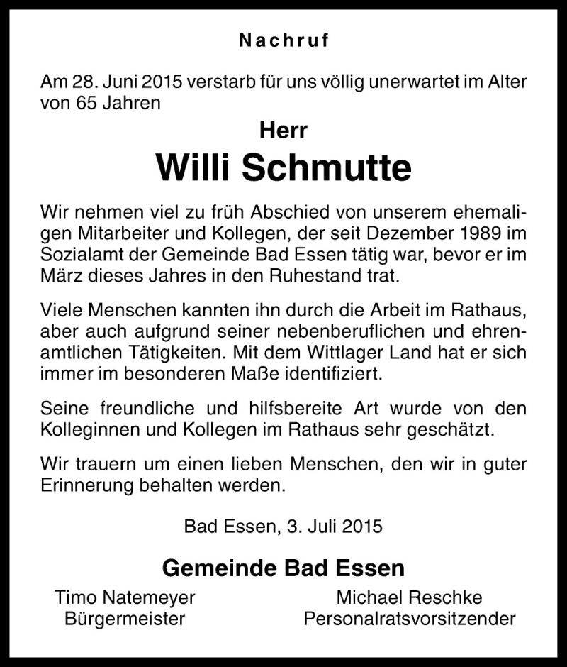  Traueranzeige für Willi Schmutte vom 04.07.2015 aus Neue Osnabrücker Zeitung GmbH & Co. KG