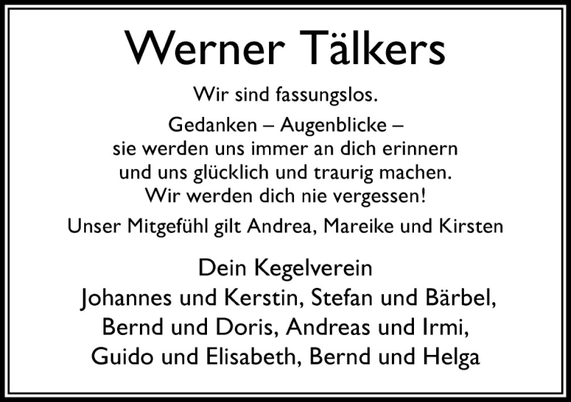  Traueranzeige für Werner Tälkers vom 20.07.2015 aus Neue Osnabrücker Zeitung GmbH & Co. KG
