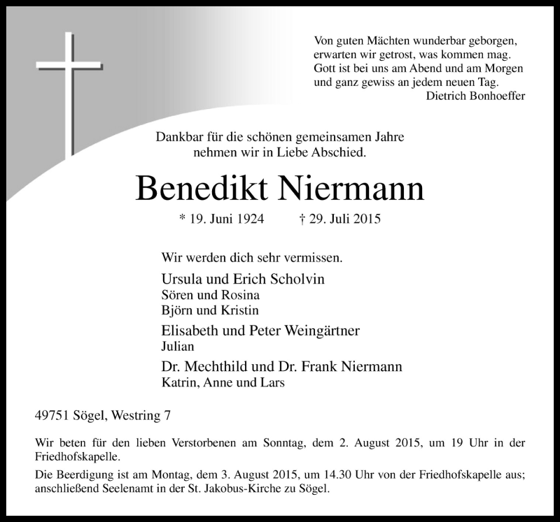  Traueranzeige für Benedikt Niermann vom 31.07.2015 aus Neue Osnabrücker Zeitung GmbH & Co. KG