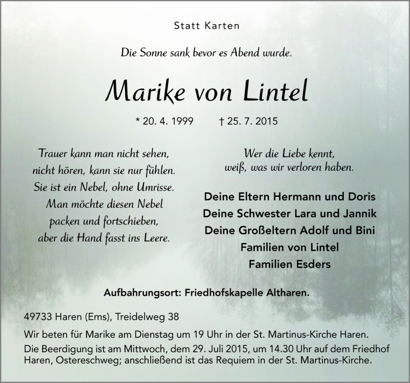  Traueranzeige für Marike von Lintel vom 27.07.2015 aus Neue Osnabrücker Zeitung GmbH & Co. KG