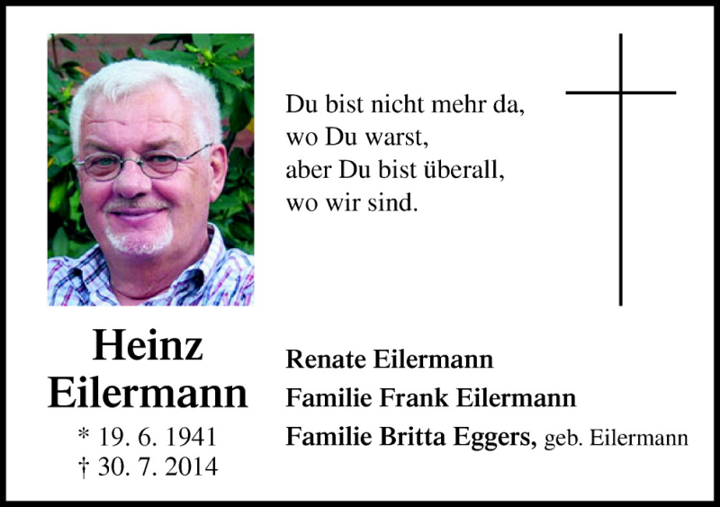  Traueranzeige für Heinz Eilermann vom 30.07.2015 aus Neue Osnabrücker Zeitung GmbH & Co. KG