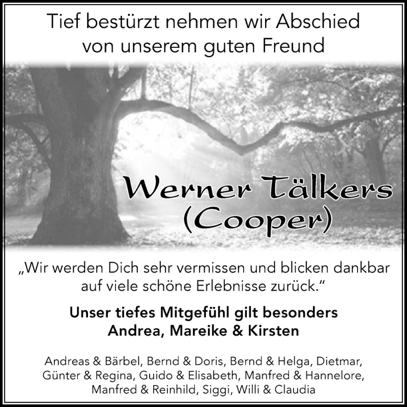  Traueranzeige für Werner Tälkers vom 18.07.2015 aus Neue Osnabrücker Zeitung GmbH & Co. KG