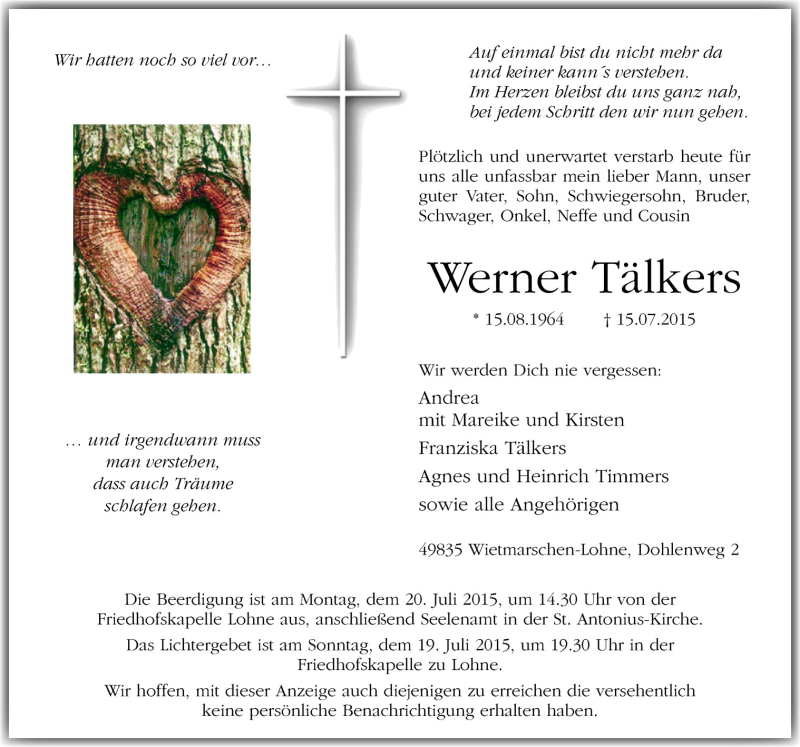 Traueranzeige für Werner Tälkers vom 17.07.2015 aus Neue Osnabrücker Zeitung GmbH & Co. KG