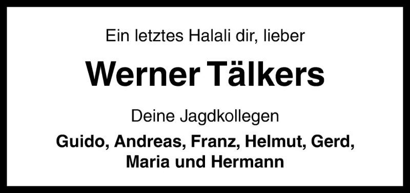  Traueranzeige für Werner Tälkers vom 20.07.2015 aus Neue Osnabrücker Zeitung GmbH & Co. KG