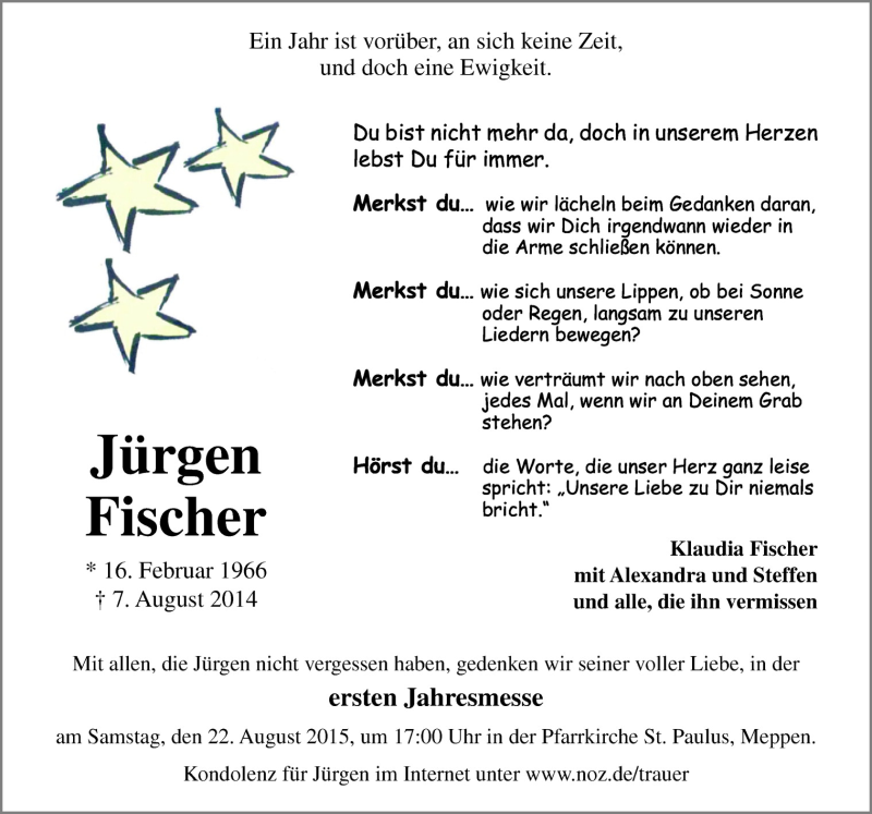  Traueranzeige für Jürgen Fischer vom 15.08.2015 aus Neue Osnabrücker Zeitung GmbH & Co. KG