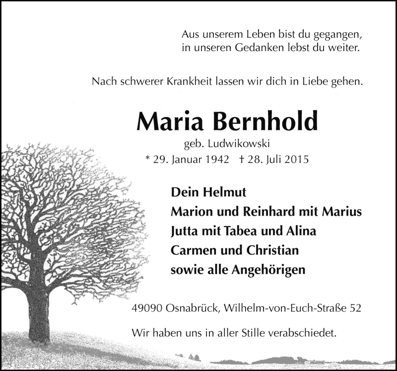  Traueranzeige für Maria Bernhold vom 03.08.2015 aus Neue Osnabrücker Zeitung GmbH & Co. KG