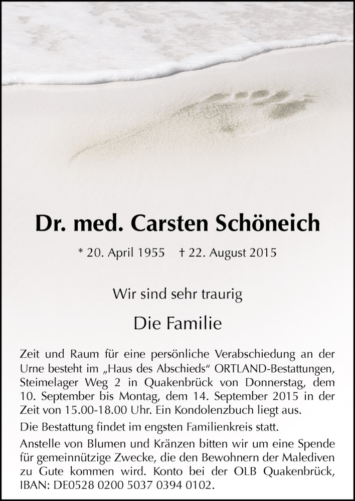  Traueranzeige für Carsten Schöneich vom 29.08.2015 aus Neue Osnabrücker Zeitung GmbH & Co. KG