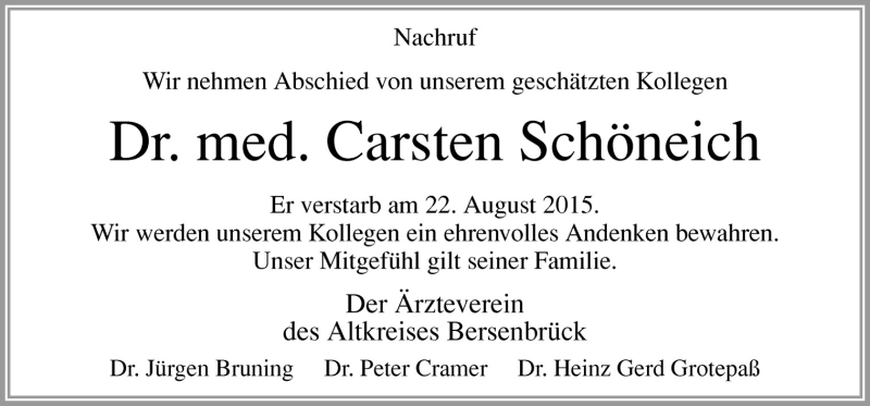  Traueranzeige für Carsten Schöneich vom 12.09.2015 aus Neue Osnabrücker Zeitung GmbH & Co. KG