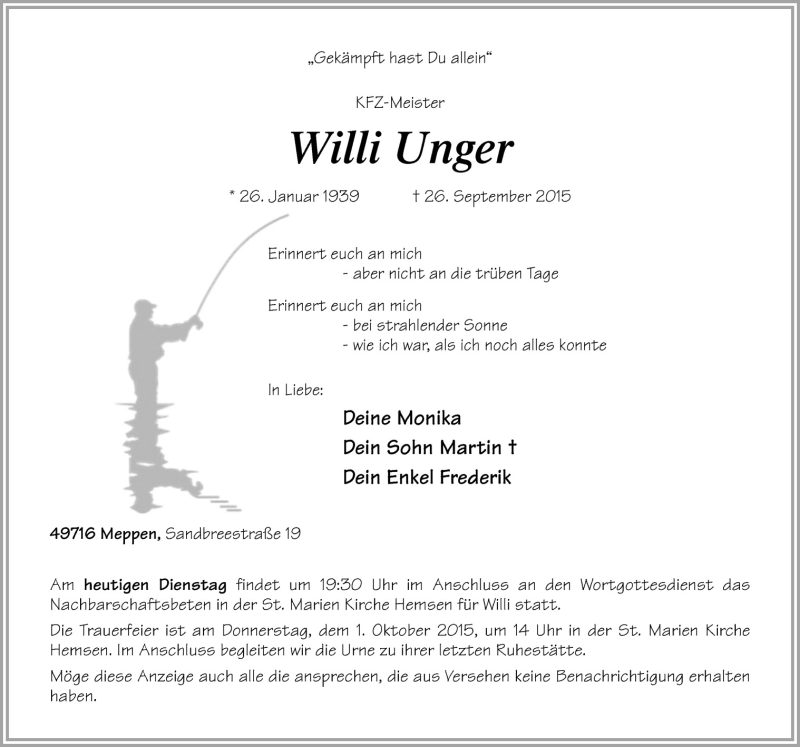  Traueranzeige für Willi Unger vom 29.09.2015 aus Neue Osnabrücker Zeitung GmbH & Co. KG