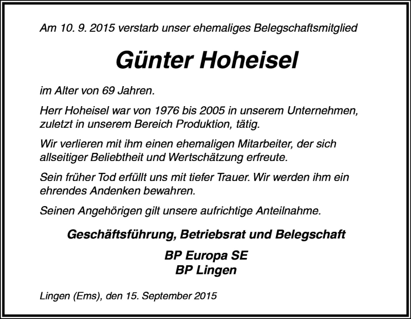  Traueranzeige für Günter Hoheisel vom 15.09.2015 aus Neue Osnabrücker Zeitung GmbH & Co. KG