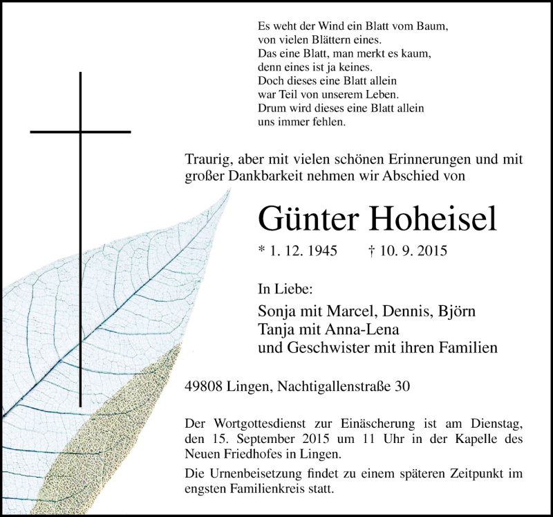  Traueranzeige für Günter Hoheisel vom 14.09.2015 aus Neue Osnabrücker Zeitung GmbH & Co. KG