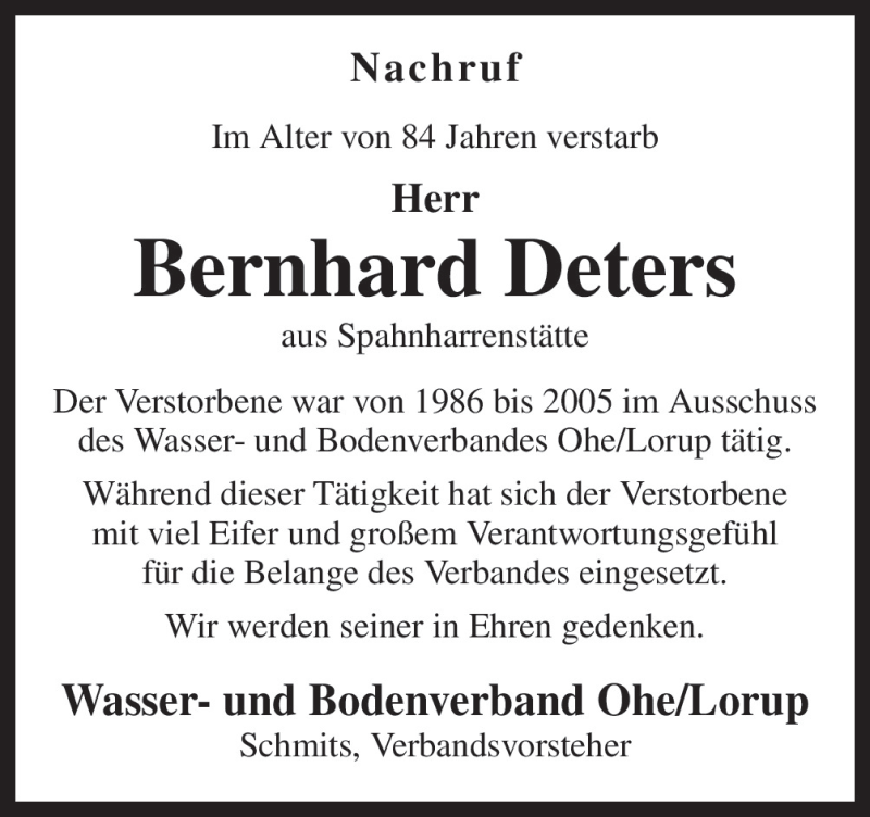 Traueranzeigen Von Bernhard Deters Noz Trauerportal