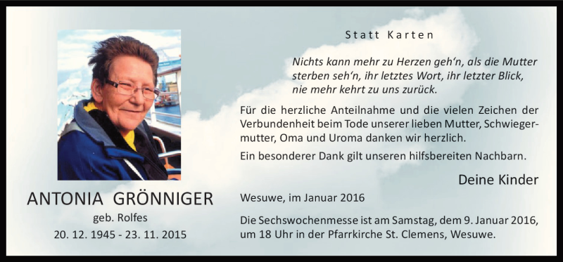  Traueranzeige für Antonia Grönninger vom 07.01.2016 aus Neue Osnabrücker Zeitung GmbH & Co. KG