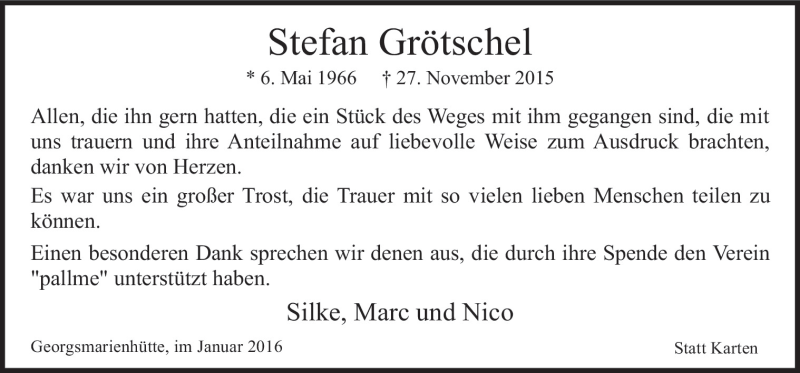  Traueranzeige für Stefan Grötschel vom 09.01.2016 aus Neue Osnabrücker Zeitung GmbH & Co. KG