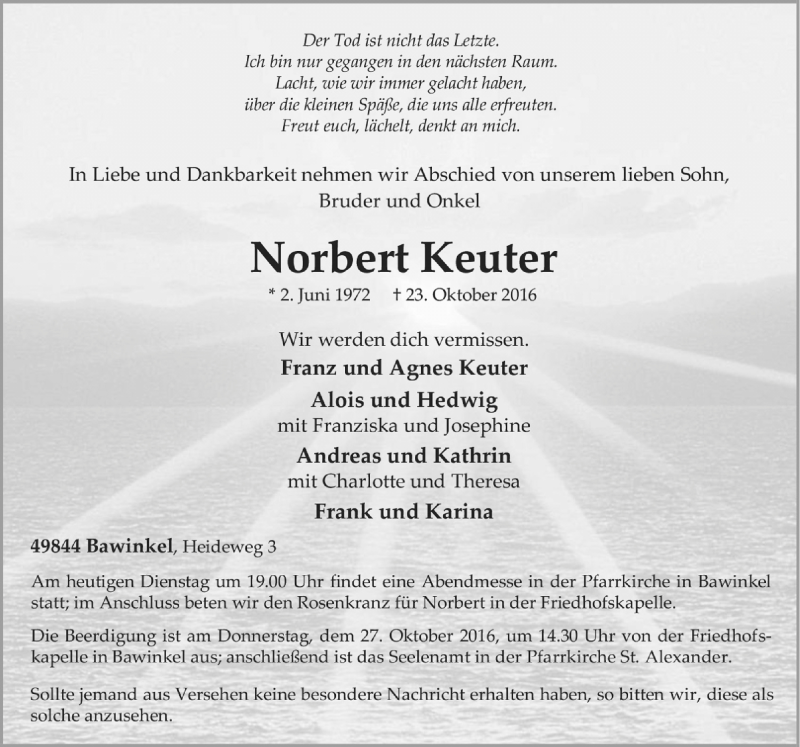  Traueranzeige für Norbert Keuter vom 25.10.2016 aus Neue Osnabrücker Zeitung GmbH & Co. KG