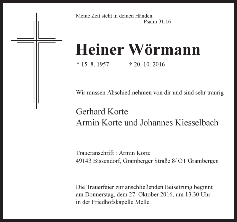  Traueranzeige für Heiner Wörmann vom 25.10.2016 aus Neue Osnabrücker Zeitung GmbH & Co. KG