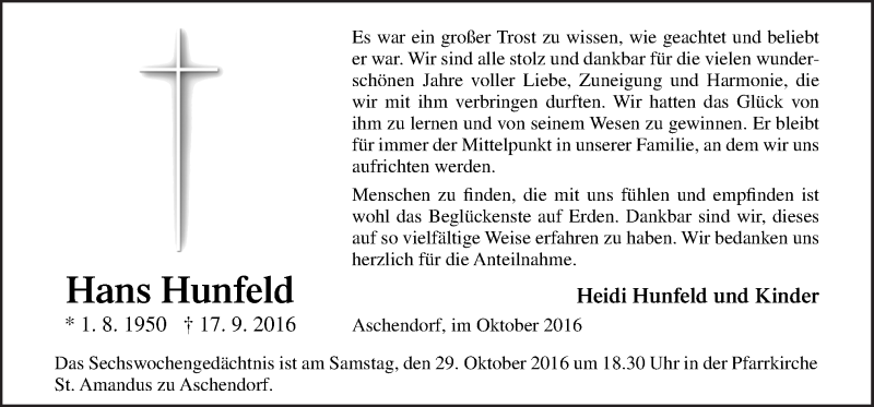  Traueranzeige für Hans Hunfeld vom 26.10.2016 aus Neue Osnabrücker Zeitung GmbH & Co. KG