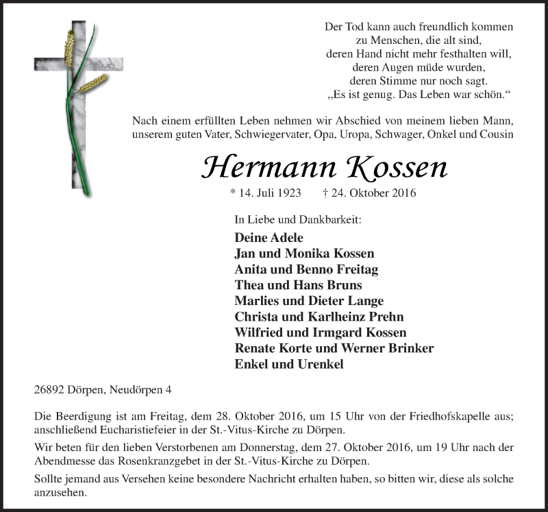  Traueranzeige für Hermann Kossen vom 26.10.2016 aus Neue Osnabrücker Zeitung GmbH & Co. KG