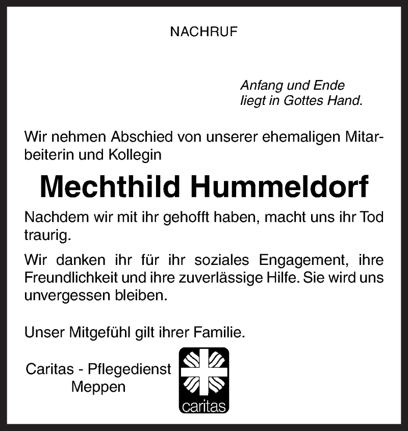  Traueranzeige für Mechthild Hummeldorf vom 05.10.2016 aus Neue Osnabrücker Zeitung GmbH & Co. KG