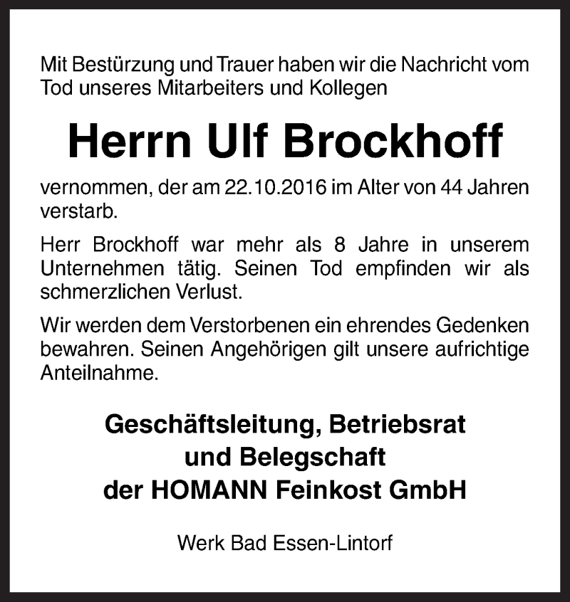  Traueranzeige für Ulf Brockhoff vom 27.10.2016 aus Neue Osnabrücker Zeitung GmbH & Co. KG