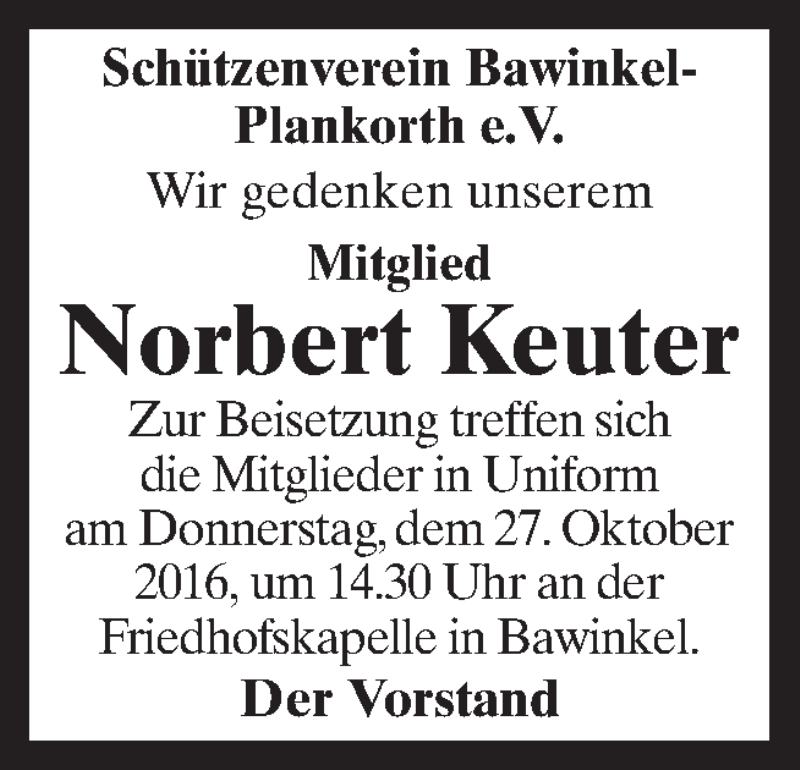  Traueranzeige für Norbert Keuter vom 26.10.2016 aus Neue Osnabrücker Zeitung GmbH & Co. KG