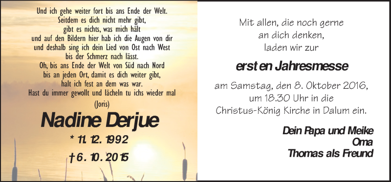  Traueranzeige für Nadine Derjue vom 07.10.2016 aus Neue Osnabrücker Zeitung GmbH & Co. KG