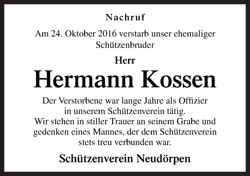  Traueranzeige für Hermann Kossen vom 28.10.2016 aus Neue Osnabrücker Zeitung GmbH & Co. KG
