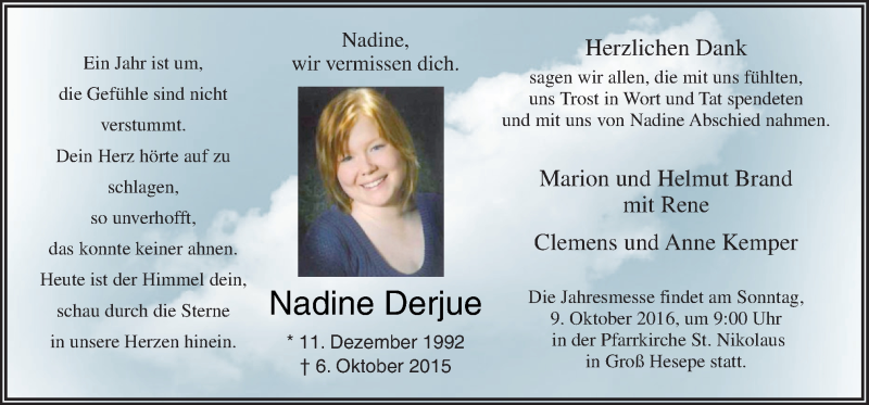  Traueranzeige für Nadine Derjue vom 05.10.2016 aus Neue Osnabrücker Zeitung GmbH & Co. KG