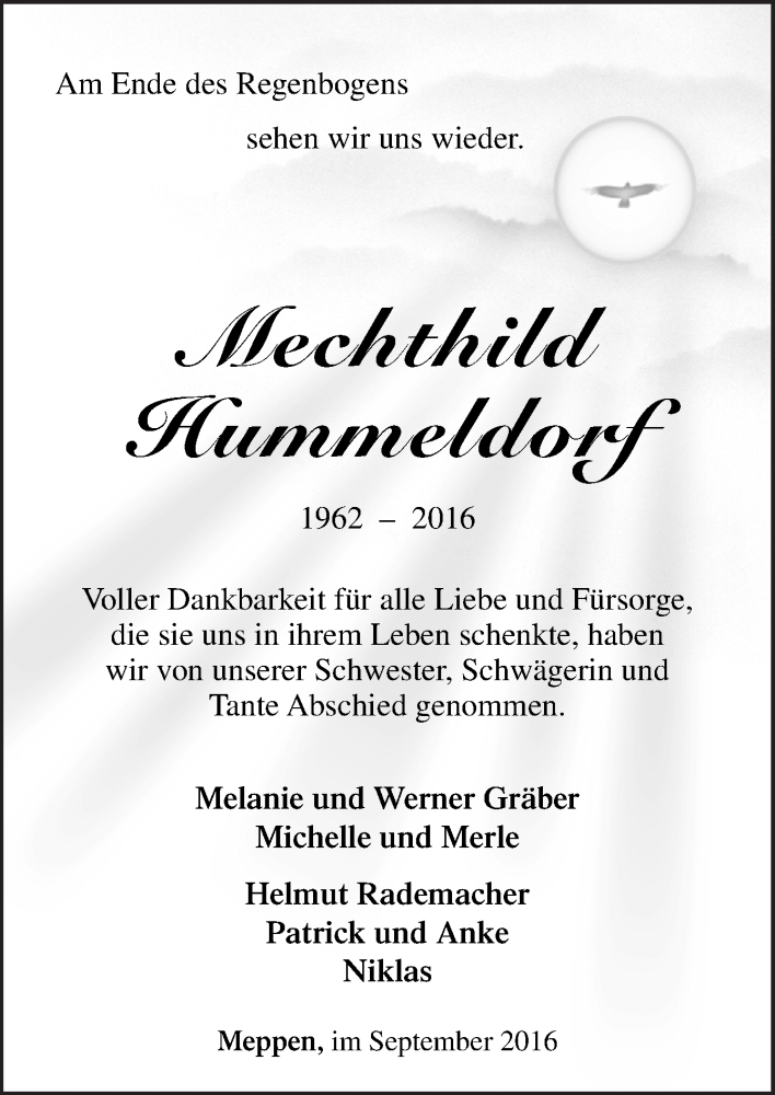  Traueranzeige für Mechthild Hummeldorf vom 01.10.2016 aus Neue Osnabrücker Zeitung GmbH & Co. KG