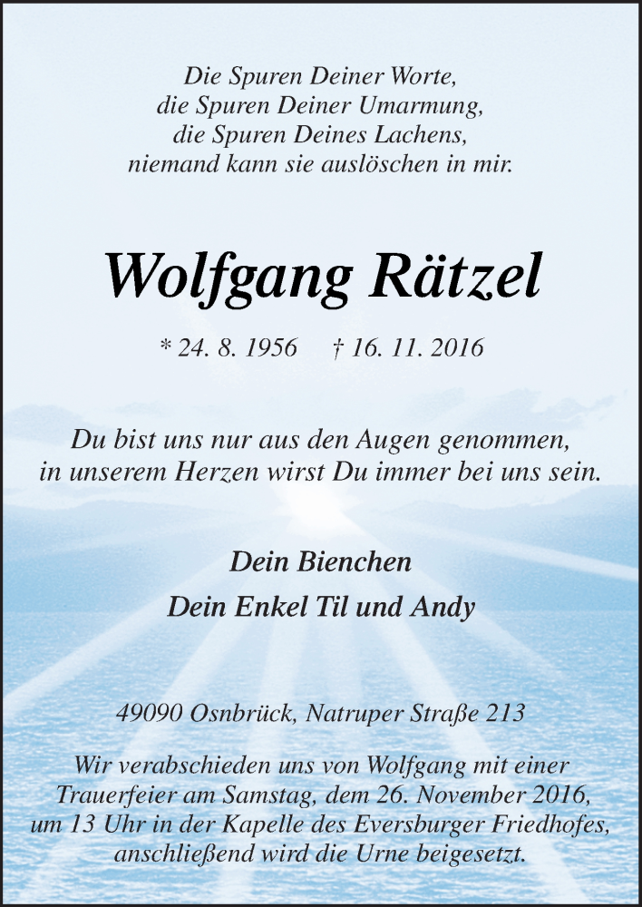  Traueranzeige für Wolfgang Rätzel vom 24.11.2016 aus Neue Osnabrücker Zeitung GmbH & Co. KG