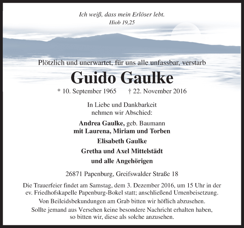  Traueranzeige für Guido Gaulke vom 29.11.2016 aus Neue Osnabrücker Zeitung GmbH & Co. KG