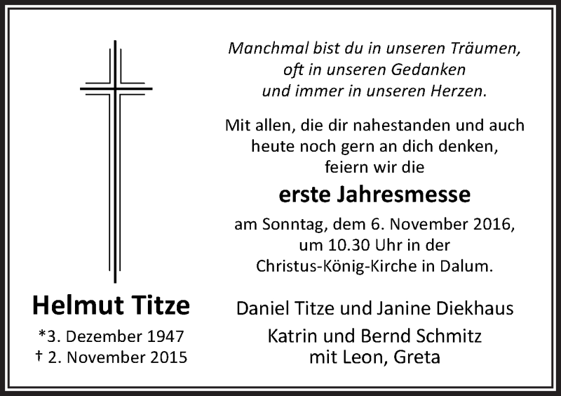  Traueranzeige für Helmut Titze vom 01.11.2016 aus Neue Osnabrücker Zeitung GmbH & Co. KG