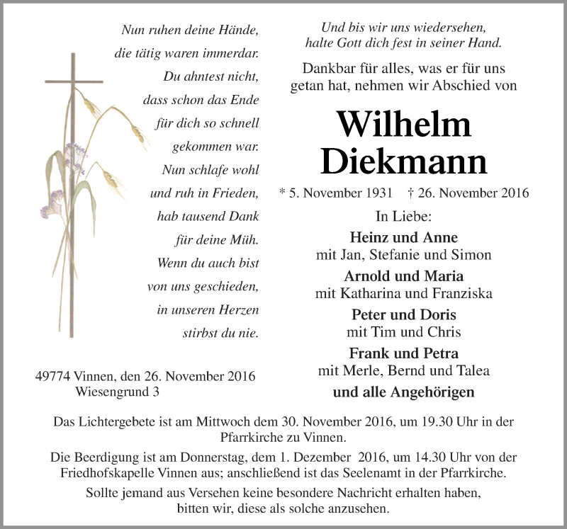  Traueranzeige für Wilhelm Diekmann vom 28.11.2016 aus Neue Osnabrücker Zeitung GmbH & Co. KG