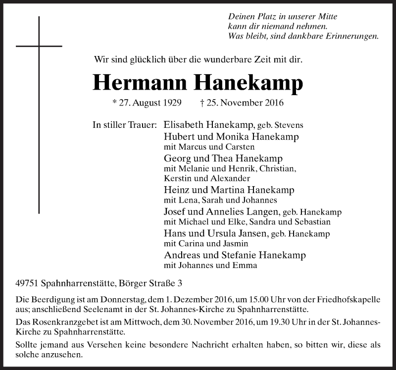  Traueranzeige für Hermann Hanekamp vom 29.11.2016 aus Neue Osnabrücker Zeitung GmbH & Co. KG