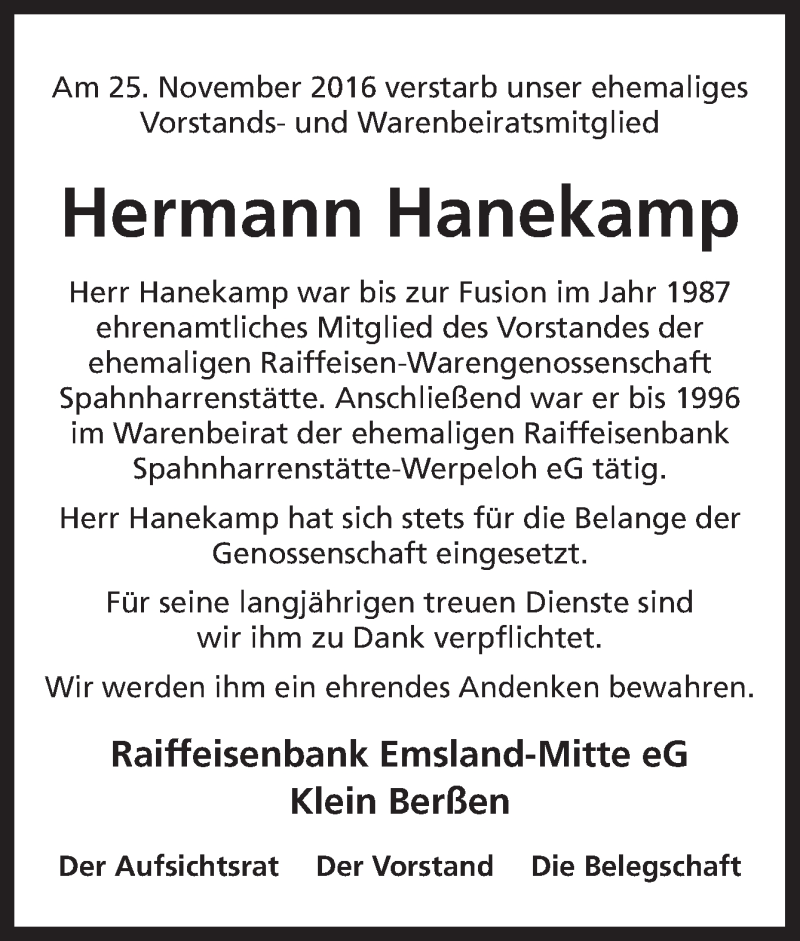  Traueranzeige für Hermann Hanekamp vom 30.11.2016 aus Neue Osnabrücker Zeitung GmbH & Co. KG