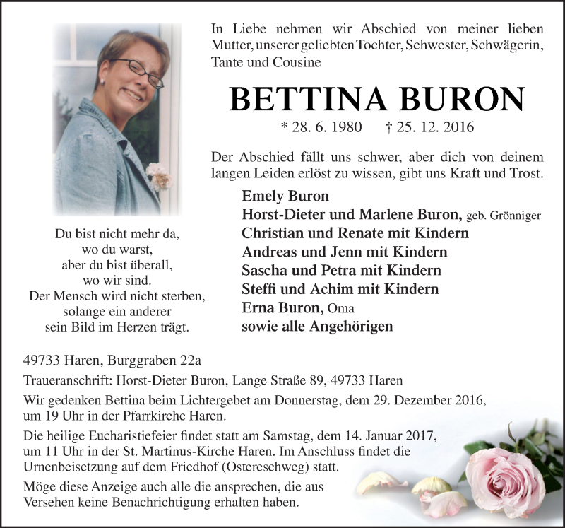  Traueranzeige für Bettina Buron vom 27.12.2016 aus Neue Osnabrücker Zeitung GmbH & Co. KG