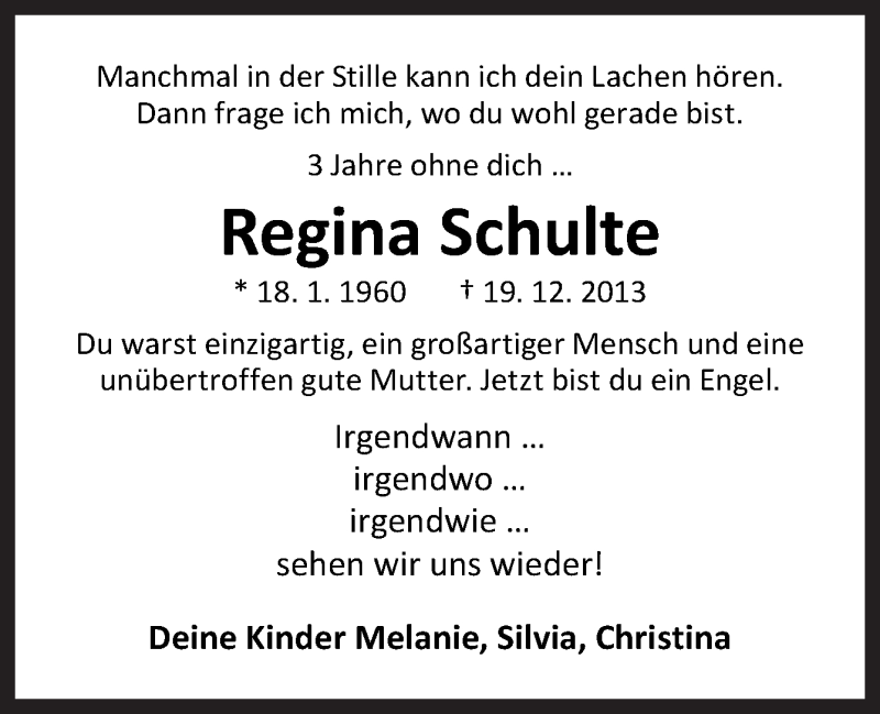  Traueranzeige für Regina Schulte vom 19.12.2016 aus Neue Osnabrücker Zeitung GmbH & Co. KG