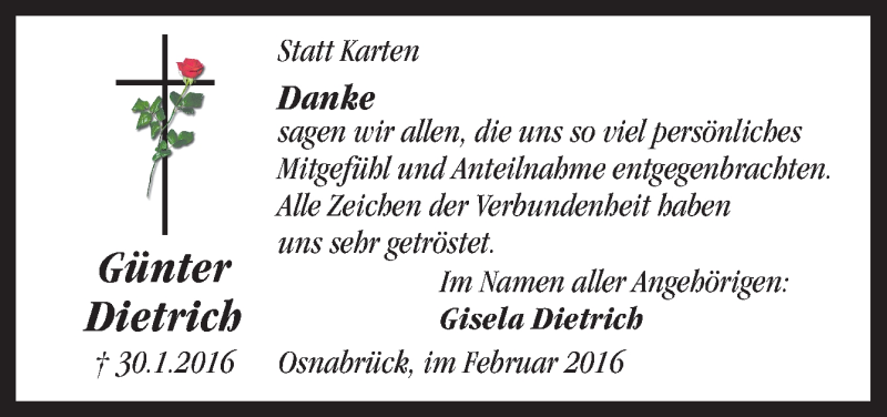  Traueranzeige für Günter Dietrich vom 27.02.2016 aus Neue Osnabrücker Zeitung GmbH & Co. KG
