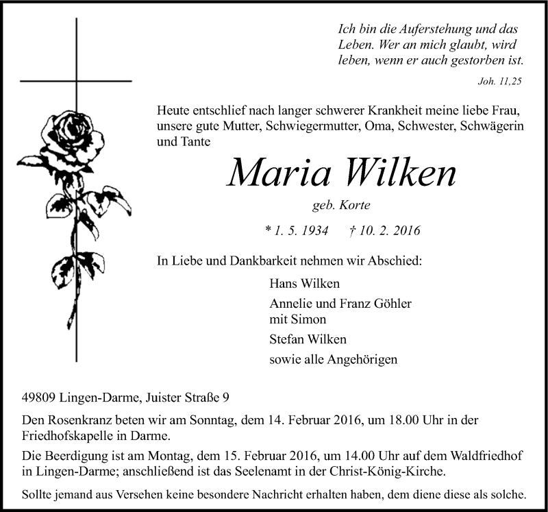  Traueranzeige für Maria Wilken vom 12.02.2016 aus Neue Osnabrücker Zeitung GmbH & Co. KG