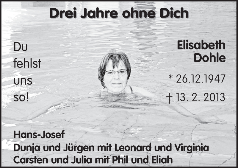  Traueranzeige für Elisabeth Dohle vom 13.02.2016 aus Neue Osnabrücker Zeitung GmbH & Co. KG