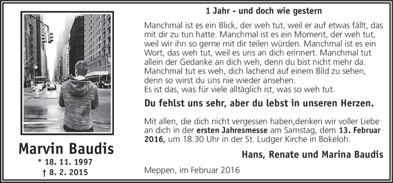  Traueranzeige für Marvin Baudis vom 06.02.2016 aus Neue Osnabrücker Zeitung GmbH & Co. KG