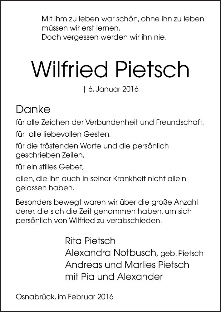 Traueranzeigen Von Wilfried Pietsch Noz Trauerportal