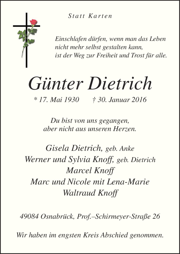  Traueranzeige für Günter Dietrich vom 05.02.2016 aus Neue Osnabrücker Zeitung GmbH & Co. KG